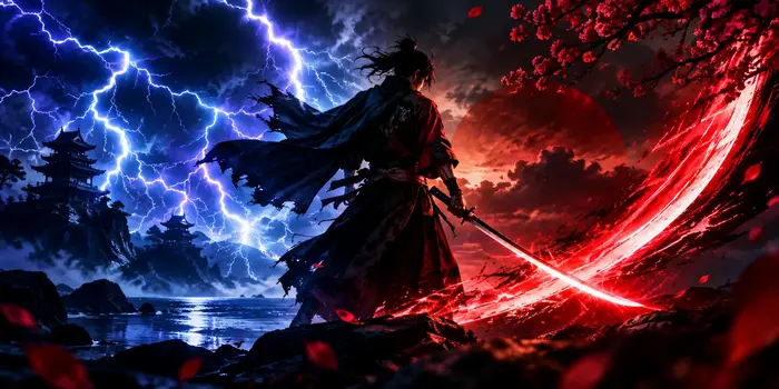 Raimei to Zansetsu featuring a samurai with a katana surrounded by blue lightning and a blazing red sword slash.