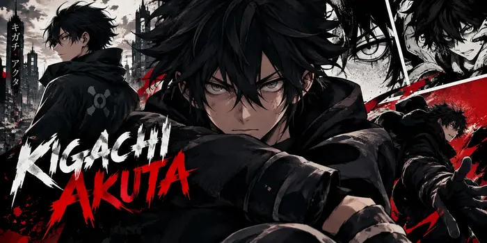 Kigachi Akuta anime manga character with black hair, dark clothing, and a dramatic red-and-black background.