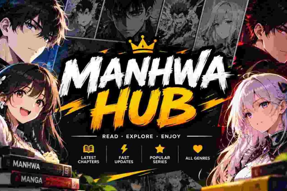 Manhwa Hub banner featuring anime-style characters, manga panels, and manhwa reading categories