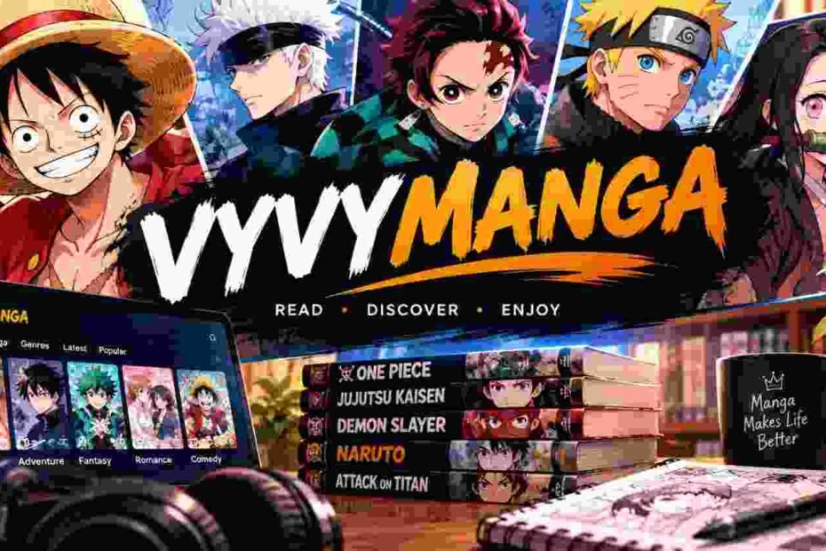 Vyvymanga banner featuring colorful anime artwork, a manga reading interface, stacked manga books, and headphones.Vyvymanga-themed banner showcasing manga artwork, reading collections, and an anime-inspired atmosphere. Copy caption