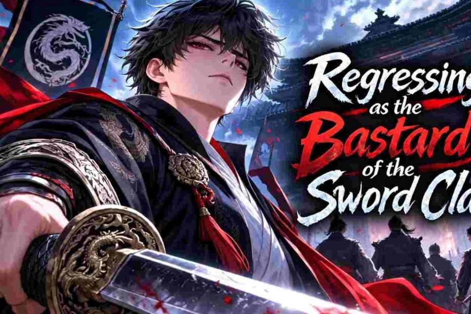 Regressing as the Bastard of the Sword Clan anime-style swordsman with a sword and clan fortress background.