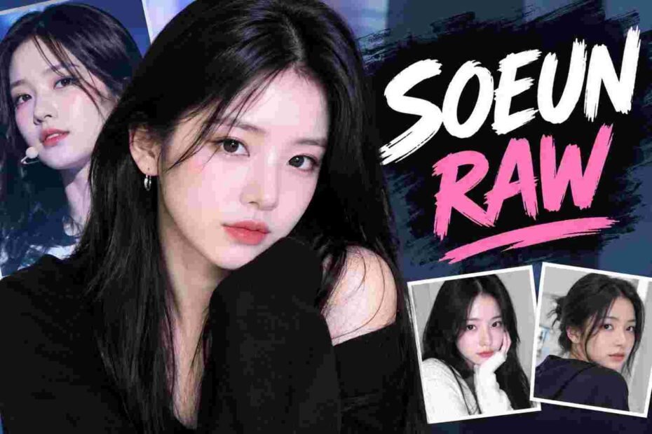 Soeun Raw portrait collage featuring a black outfit, long black hair, and pink and white typography.