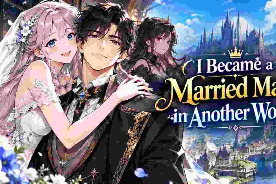 I Became a Married Man in Another World manhwa artwork featuring a dark-haired nobleman, silver-haired bride, and fantasy castle