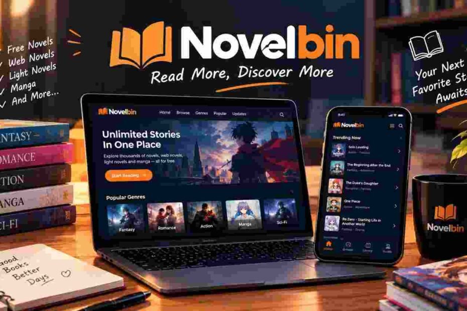 Novelbin-themed reading setup featuring a laptop and smartphone displaying an online novel library, with books, coffee, and a warm bookshelf background.