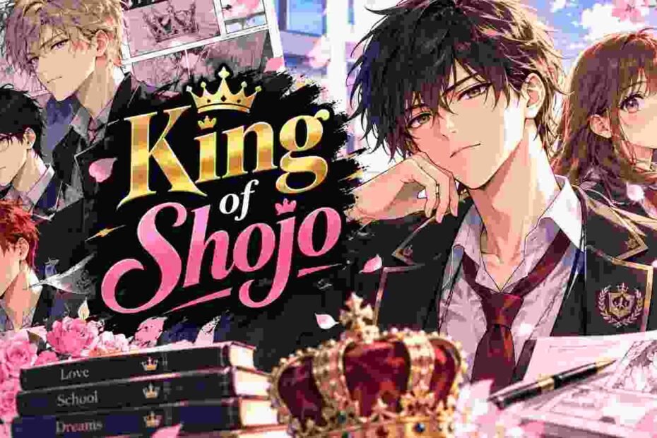 King of Shojo anime-style illustration featuring manga characters, a royal crown, cherry blossoms, and romantic school themes.