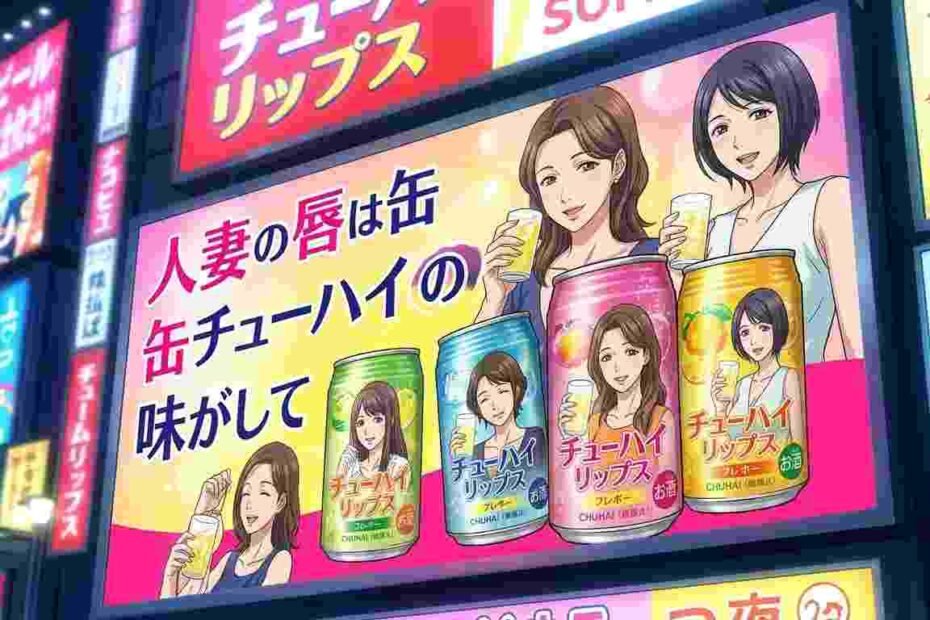 Chuhai Lips Japanese-style billboard featuring illustrated women, colorful chuhai cans, and bright neon signs in a city setting.