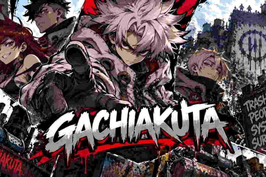 Gachiakuta manga-inspired artwork featuring a white-haired protagonist, graffiti, industrial ruins, and a dystopian city.