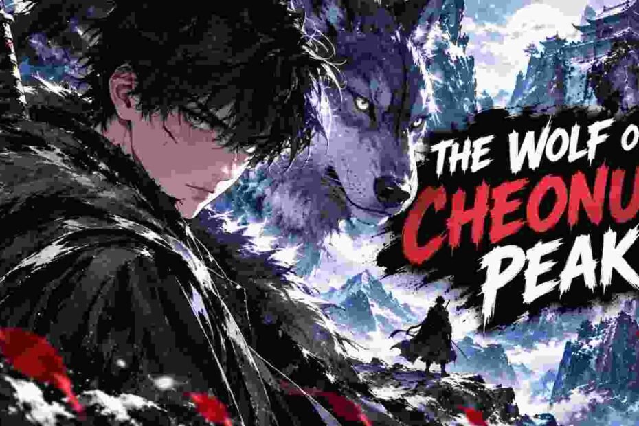 The Wolf of Cheonun Peak manhwa character with a giant wolf on a snowy mountain