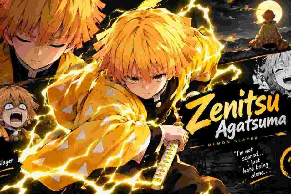 Zenitsu Agatsuma wearing his yellow patterned haori and holding a katana, surrounded by glowing yellow lightning in a Demon Slayer anime collage.Zenitsu Agatsuma, the Thunder Breathing swordsman from Demon Slayer, in a dramatic lightning-themed anime illustration.
