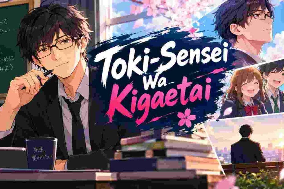 Toki-Sensei Wa Kigaetai anime-style illustration featuring a glasses-wearing teacher, students, a classroom, and cherry blossoms.