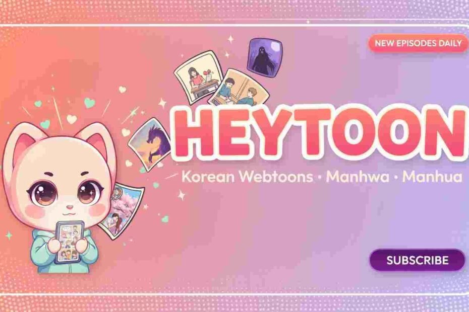 Heytoon banner with a cute cartoon cat reading comics on a smartphone, surrounded by webtoon and manhwa illustrations on a pink and purple background.