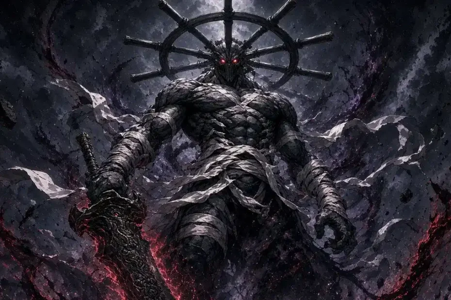 Mahoraga from Jujutsu Kaisen, the Eight-Handled Sword Divergent Sila Divine General with spinning wheel on head, red eyes, and dark energy aura