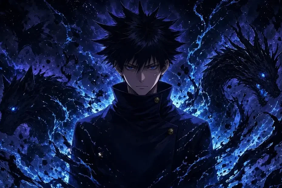 Megumi Fushiguro from Jujutsu Kaisen with spiky black hair and serious expression surrounded by dark shadow shikigami and blue cursed energy