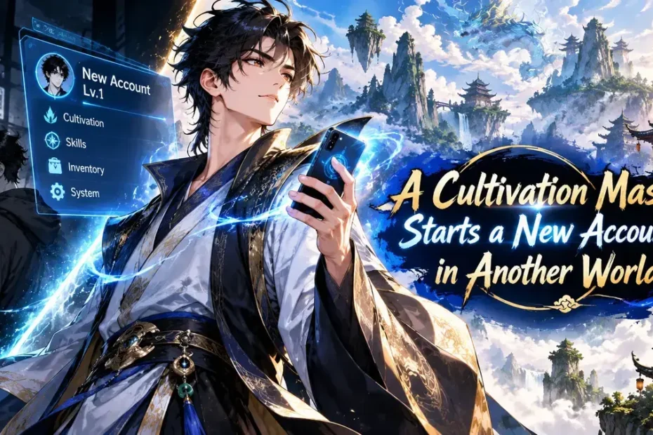 A Cultivation Master Starts a New Account in Another World manhwa-style artwork featuring a cultivator holding a smartphone with magical energy and a fantasy world background.