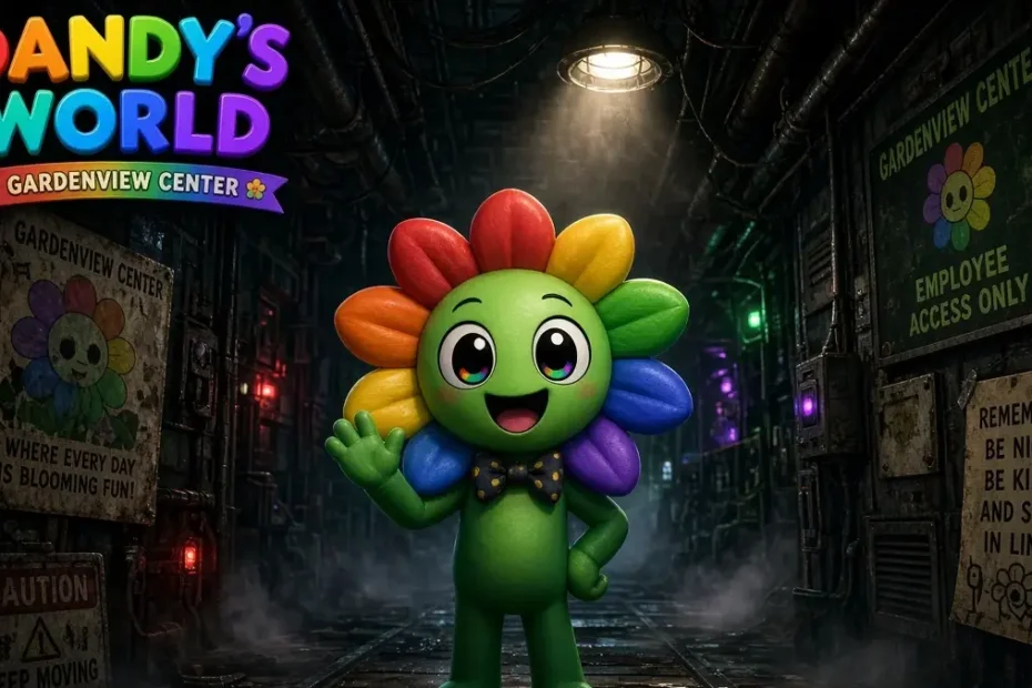 Dandy the rainbow flower mascot from Dandy's World Roblox game standing in dark Gardenview Center hallway