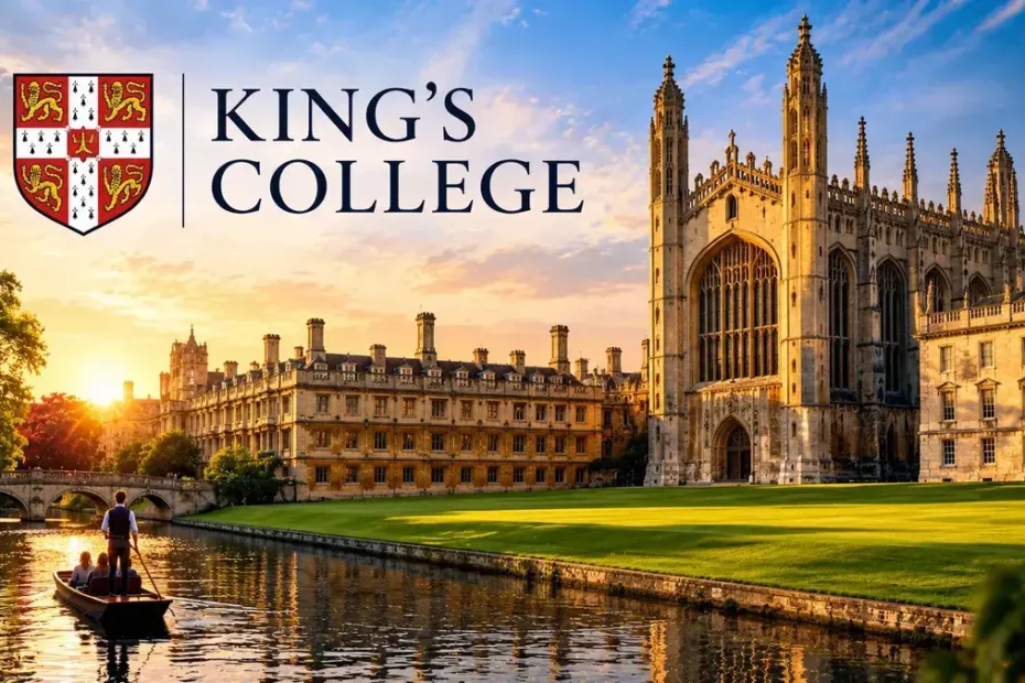 King's College Cambridge featuring historic Gothic architecture, a beautiful chapel, green lawns, and a river at sunset.