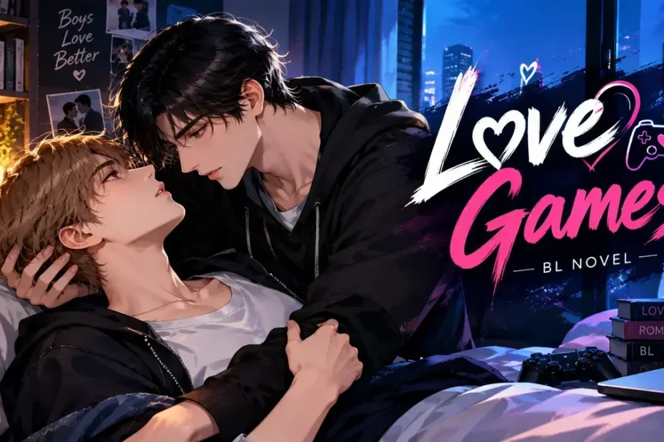 Love Games BL novel anime artwork featuring two male characters in a romantic scene in a bedroom with neon city lights.