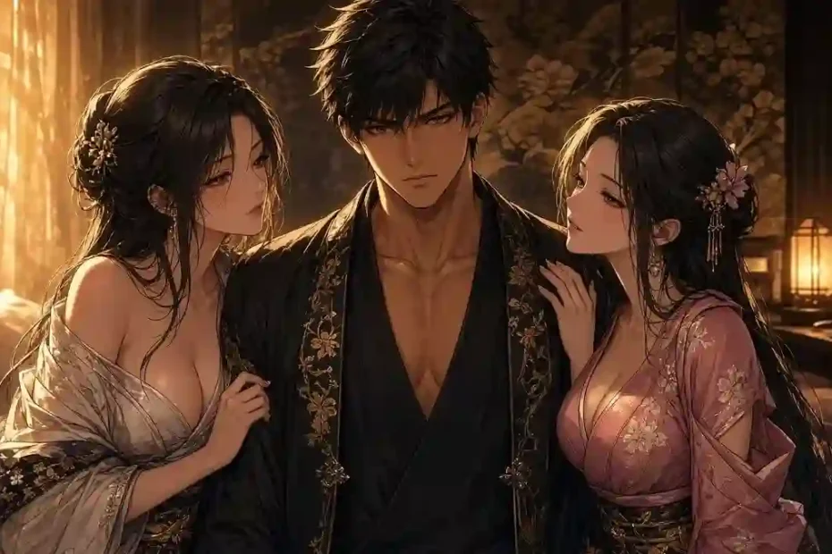 Taiyo standing between his two beautiful sisters-in-law in an intimate bedroom scene - Taiyo's Sisters-in-Law Need His Seed