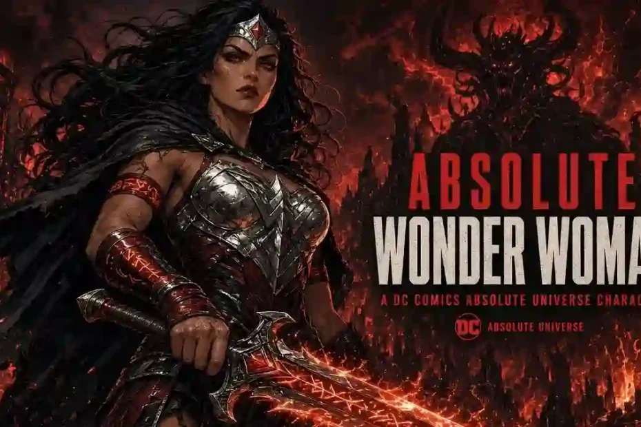 Absolute Wonder Woman from DC Comics Absolute Universe standing with glowing sword in hellish background