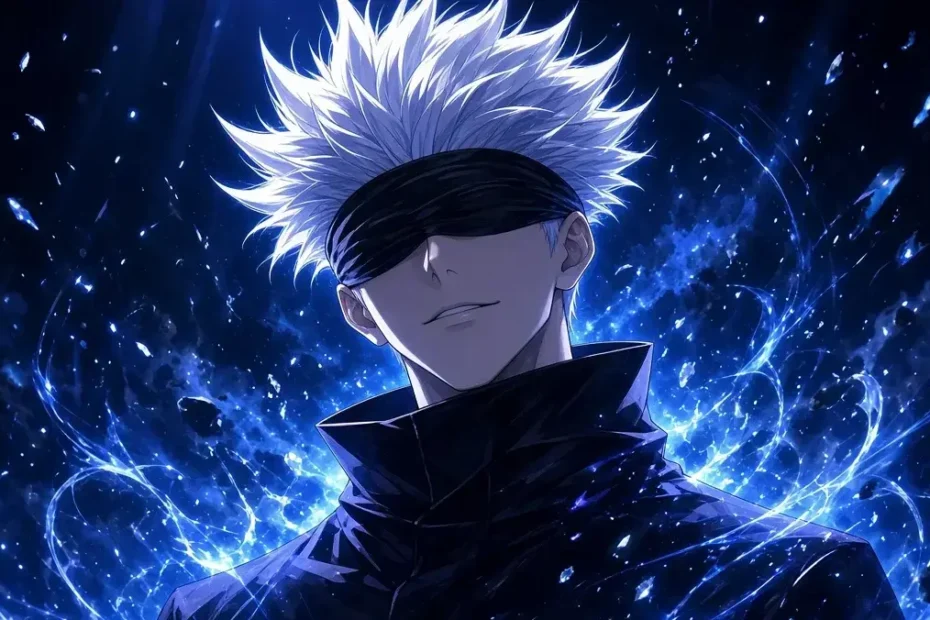 Satoru Gojo from Jujutsu Kaisen with white hair and black blindfold surrounded by blue Infinity energy aura