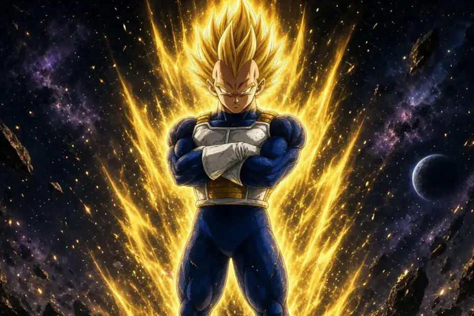 Super Saiyan Vegeta from Dragon Ball standing with arms crossed in blue armor surrounded by golden energy aura in space