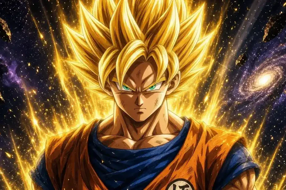 Super Saiyan Goku from Dragon Ball with golden spiky hair and intense green eyes surrounded by glowing golden energy aura in space